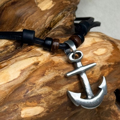 Necklace leather chain - , anchor