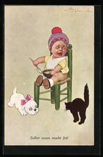 Künstler-AK E. Colombo: Selber essen macht fett, Katze und Hund betteln um Futt 