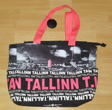 Stoff Tasche 2 Henkel Shopper Reißverschluss schwarz bedruckt Robin Ruth 36x29cm