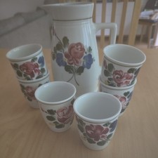 LILIEN Porzellan-Alpenflora-Saftkrug Milchkrug+6 Becher Handbemalt Blumen TOP