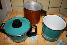 3 DDR Töpfe Milchtopf Pfeiftopf Emaille Kochtopf Simmertopf Deko Vintage Camping
