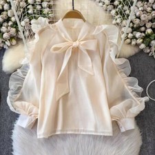 Damen Netz Schleife Bluse Tops Rüschen Shirts durchsichtig Chiffon Mädchen Lolita Mode süß