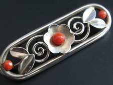 Brosche Silber 835 TEKA Theodor Klotz Handarbeit von ca. 1960 mit Koralle