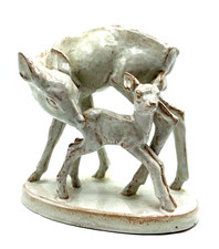 Bildhauer Rudolf Rempel anmutige Tier Plastik Reh mit Kitz Majolika um 1930