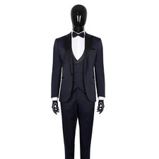 Slim Fit Satin Smoking in Blau mit Weste-Anzug Hochzeit Herrenanzug Bräutigam