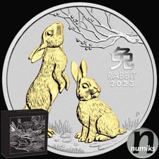 HASE RABBIT VERGOLDET Australien 2023 - 1 Oz Silber Lunar III Jahr des Hasen BOX