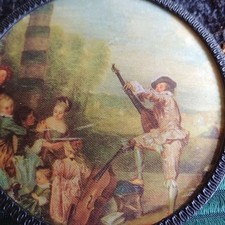 Vintage -Tracht- Gürtelschnalle, vorne Biedermeier-Stoff, mit Jäger abgebildet.