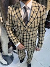Slim Fit Herrenanzug in Gelb Schwarz  Kariert -Doppelreiheranzug-Hochzeit-Sakko