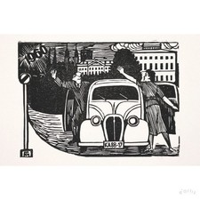 CONRAD FELIXMÜLLER HOLZSCHNITT NEUJAHR 1960 UNIVERSITÄT HALLE AUTO VP: 100€*