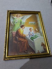 Vintage Schutzengel Bild | Mutter und betendes Kind | Alter Goldrahmen | 26x20cm