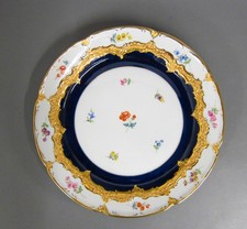 Prunkteller 31 cm Teller Meissen Porzellan Gold Blumen Dekor Kobaltblau 