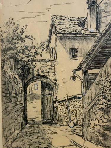 Kohlestift zeichnung dorfgasse - kohlestift,