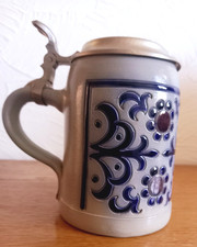 Bierkrug mit Zinndeckel, Salzglasur, R. Merkelbach, Modell 428/21, Handarbeit