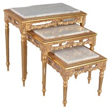 3er Beistelltisch Couchtisch Marmor Weiß Wohnzimmertisch Gold Satztisch Barock