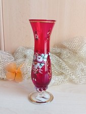 Dekorative Böhmische Glas Vase mit Emaille Blumen Malerei Handarbeit Vintage alt
