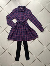 H&M SET Hemdkleid Kleid mit Gürtel Strumpfhosen Mädchen Schwarz Lila Rosa Gr 140