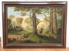 Großes Ölgemälde Jagdszene Hirsch Jäger Rehe sign. C. Ahlers antik um 1900