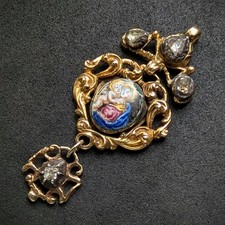 Antiker Anhänger 14k 585 Gold Diamant Rosen Emaille Maria mit Kind alt c. 1800