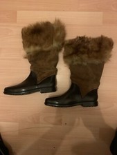 Damen Gummistiefel mit Fell aus Velours Leder Schwarz Braun Gr.37