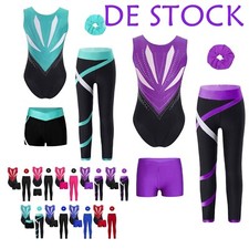 4er Set Mädchen Gymnastikbody Turnanzug Glitzer Gymnastikanzug mit Hose Shorts