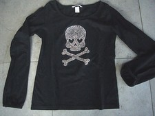 ?H&M Langarm T-Shirt mit Motivshirt*Nieten &Totenkopf*Schwarz*Gr.164*w.Neu 