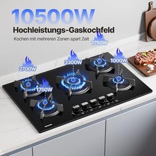 WEHIMO Gaskochfeld 77cm autark 10.5kw WOK Gasherd 5 Flammen Gas auf Glas Schwarz