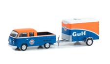 1975 VW T2 Double Cab DoKa + open Trailer GULF Oil ** Greenlight  Hitch Tow 1:64