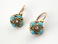 Antike zierliche Ohrringe * viktorianisch * Gold 585 * Türkis + Perle 14 k antik