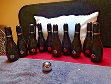 Loft Industrie  Deko 10 Kegel Kugel massiv Holz nummeriert Metallschild vintage