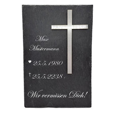 Grabschmuck Grabplatte Schiefer personalisiert mit Kreuz 30cm x 20cm Aufsteller