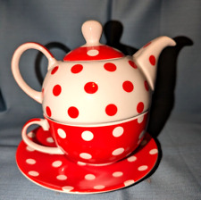G. WURM "Tea for One" bunter Set: Tee/Kaffeekanne +Teller+Tasse, rot/weiß-Punkte