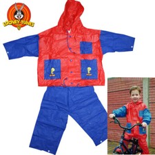 Kinder Regenanzug 122 / 128 Rot - Blau Jacke & Hose Kater Sylvester und Tweety