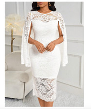 Damen Kleid Weiß komplett mit Spitze Cape Look Spitzenkleid dehnbar Gr M  38 Neu