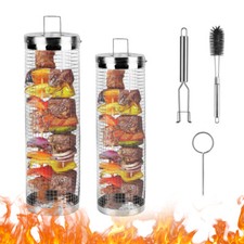 2X BBQ Rolling Grillguthalter Grillkorb Fleisch Fisch Gemüse Korb Edelstahl