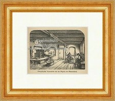 Oberpfälzische Bauernstube Oberviechtach Ofen Spindel Holzstich E 20056 Gerahmt