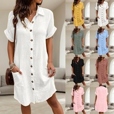 Damen Knopf Kurzarm Hemdkleid