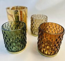 4 Windlichter Teelichthalter Glas Blätter Gold Braun Grün Rauch Bubble Deko