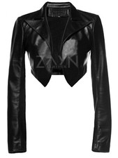 Damen Echt Leder Bolero Shrug Langarm Schwarz Cropped Jacke Kurzjacke