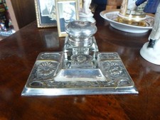 Schreibtischgarnitur Schreibset Tintenfass Jugendstil versilbert Sonnenblumen