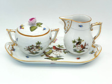 Zuckerdose, Milchkännchen + Tablett von Herend Rothschild Vögel + Insekten