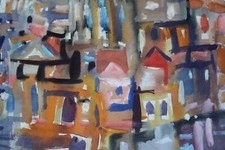 Gemälde Aquarell Tusche Abstrahierte Häuser Stadtansicht Gerda Henning Nachlass