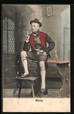 Meran, Junge in Tracht raucht eine Pfeife, Ansichtskarte 