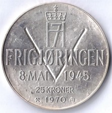 Norwegen 25 Kronen 1970 Silber König Olav V.  25 Jahre Befreiung