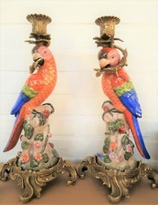 PORZELLAN BRONZE KANDELABER SET KERZENSTÄNDER PAPAGEI KERZENHALTER H: 36,5 cm   