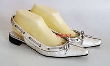 Lario Italy Sandaletten Slingbacks Schleife Leder 38,5 Creme Silber Metallic