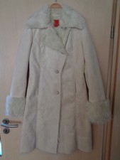 Damen Esprit Mantel Wintermantel Velours-Look cremefarben mit Kunstfell Gr. S