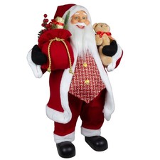 Weihnachtsmann stehend 80cm Santa Claus Dekofigur rot mit Mantel und Teddybär
