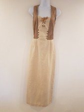 Vintage Kleid Leinen Leder beige Dirndl lang Maxi Korsett Mittelalter Retro Gr. 12