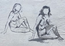 Sitzende weibliche Akte Figuren Skizze Studie Anonym Unbekannt 29 x 22 cm