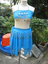 Mädchen Bauch Tanz Kostüm, 2 teilig, Türkis/Silber,ca. 6 Jahre, Polyester/Münzen